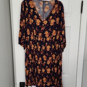 Floral V-Neck Dress - Black and Orange